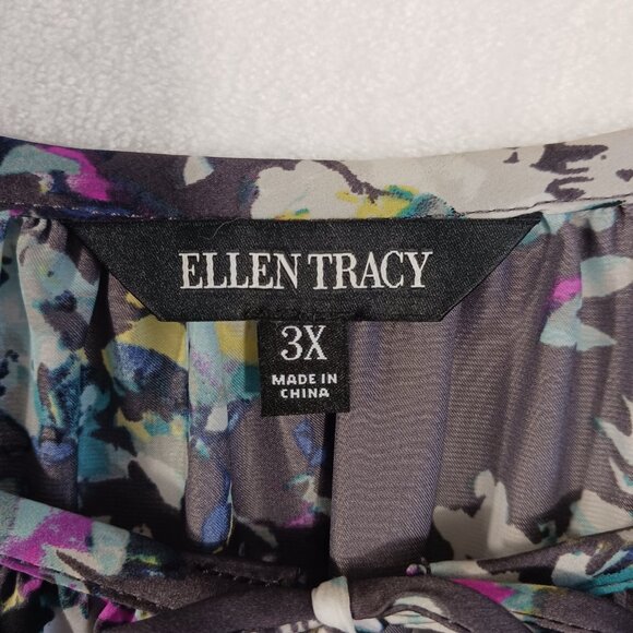 Ellen Tracy, 3X Top, Gray w/ Abstract Floral Print, Long Sleeve, Flowy Full Cut - Picture 2 of 14